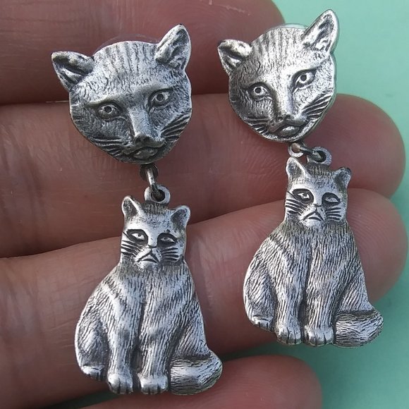 drop dangle cat earrings silver tone metal - Picture 7 of 11